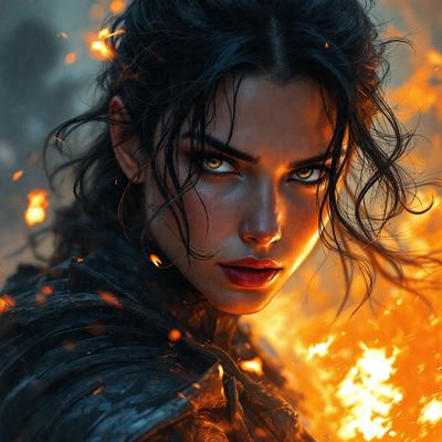 The primary subject of the image is a woman with long, dark hair and piercing blue eyes. She is wearing a black outfit and has a fierce expression on her face. The setting is a dark, possibly magical, environment with a fire in the background. The visual style appears to be a digital art or illustration, creating a dramatic and intense atmosphere. The colors are predominantly dark, with the woman's outfit and the fire providing the main sources of contrast and visual interest.